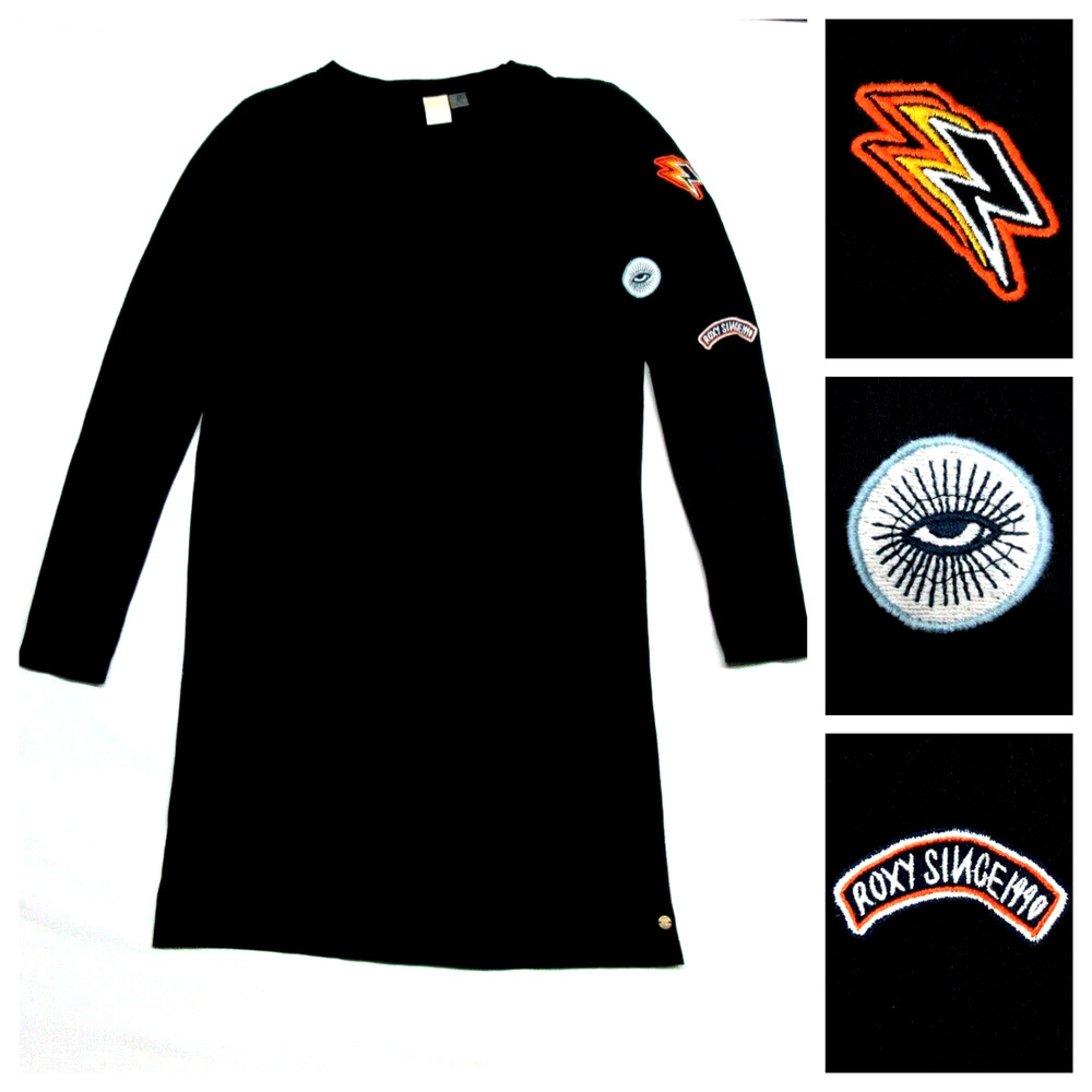 ROXY Juniors Size 6 (Small) Lightning Bolt & Eye Longsleeve Black T-Shirt Dress